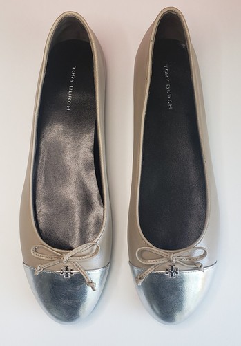 TORY BURCH BERRETTO PUNTA BEIGE ARGENTO BALLERINE BALLERINE BALLERINE LOGO SCARPA 8M NUOVA