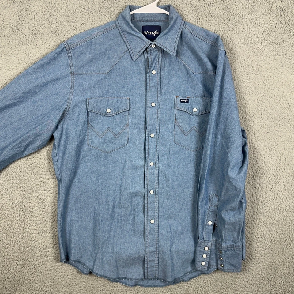 Camisa Wrangler Denim Abotonada Para Hombres Grande Azul Perla Occidental Bolsillo con Solapa a Presión Foto 1 de 4