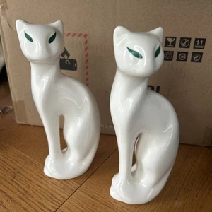 2-Vintage White Siamese Cat Statue Green Eyes Ceramic8" Brazil READ - Picture 1 of 17