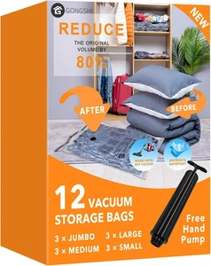 12 Stück Vakuum Aufbewahrungsbeutel (3 Jumbo, 3 große, 3 mittelgroße, 3 kleine), Kunststoffverpackung - Bild 1 von 12