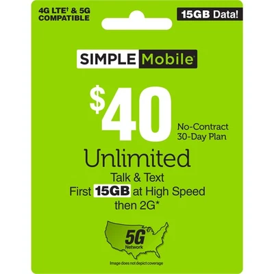 SIMPLE Mobile $40 15 GB Data, Unlimited Talk & Text Plan [Physical Delivery] - Image 1 of 4