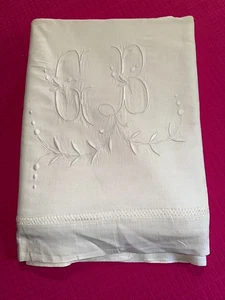 Drap ancien en coton / lin métis brodé main " GB " 200 cm x 310 cm réf D426 - Picture 1 of 6