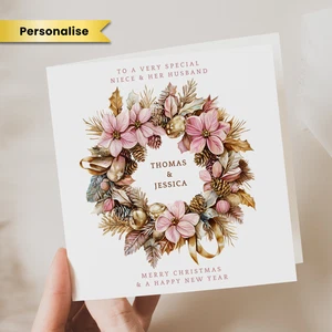 Personalised Christmas Card For Niece & Her Husband Pink Christmas Wreath Card - Picture 1 of 2