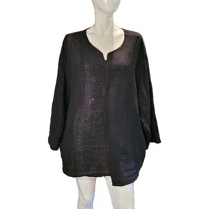 CYNTHIA ASHBY Black Linen Tunic Plus Size 2 Lagenlook Art To Wear Asymmetric Hem - Picture 1 of 18