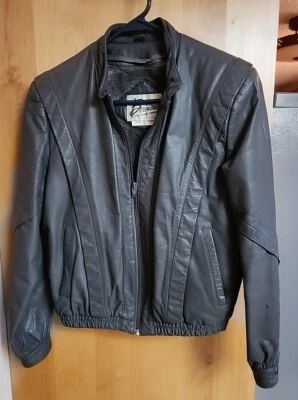 VTG LEATHER Women Girl JACKET Bomber Coat GRAY Zip Out Liner Sz12 M Grey Junior  - Image 1 of 4