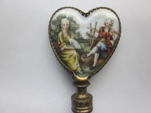 Antique Painted Porcelain & brass Heart Shaped Lamp Finial Cover