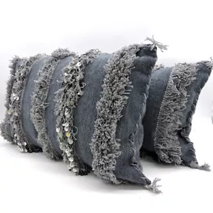 Moroccan Handmade Handira Pillow Cover In Blue And Gray 25"x15", Handira. - Picture 1 of 10