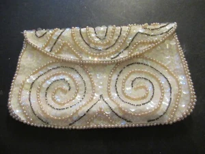 Clutch Bag Purse SWIRLS Sequin Evening Faux Pearls & Beads Vintage - Picture 1 of 8