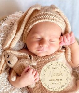 Personalised Baby Disc Wooden Milestone Welcome To The World Newborn Photograph