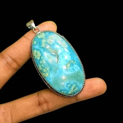 Enorme Colgante Larimar Natural 57X33 MM Chapado en Plata 925 Hecho a Mano Colgante Ovalado Foto 1 de 4