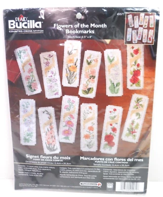 Bucilla Flowers Of The Month Bookmarks 45571 Counted Cross Stitch Craft Kit -NEW - Image 1 of 4
