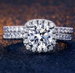 Bridal Set Simulated Moissanite Engagement Ring Solid 2.50 CT Round Cut Size 6 - Picture 1 of 4