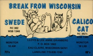 Eau Claire,WI QSL Ham Radio Swede KHZ 1769 Calico Cat Wisconsin Postcard - Picture 1 of 2