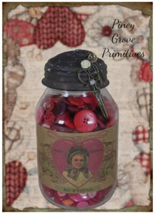 Primitive Style Red Button Glass Pantry Jar Hart Buttons Sewing Prop - Picture 1 of 3