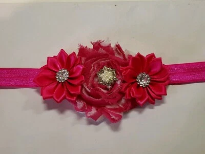 Lindo!!!!! Diadema elástica rosa para bebé niña moño con flores y diamantes de imitación Foto 1 de 2