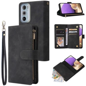 Motorola Edge 30 Pro Wallet Case Zipper Pocket Flip Card Wrist Strap Kickstand - Picture 1 of 34