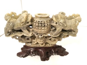 Antique Hand Carved Soap Stone Statue Foo Dog Incense Burner 6.75" x 6.5"