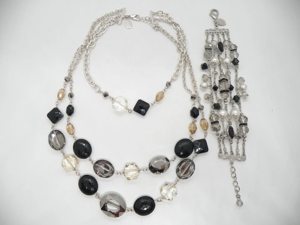 WHBM Casa Blanca Mercado Negro Cuentas Tono Plata Joyería Collar Pulsera Conjunto Foto 1 de 4