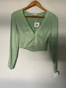 BNWT Bershka Satin Crop Top Lace Edge Size XS Green - Picture 1 of 4