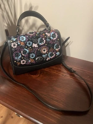 COACH MULTI COLOR LEATHER SEQUINS FLORAL BLACK LEATHER TILLY SATCHEL BAG F80213 - Image 1 of 4