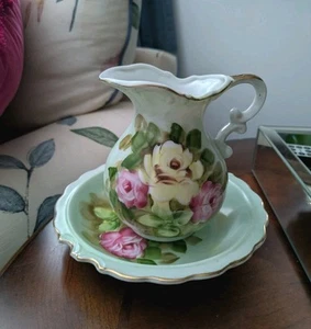 Brocca e ciotola ceramica vintage Norcrest Japan verde floreale L327 5,25" - Foto 1 di 4