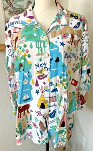 John Mark Happy Days Button Down Bluse Neuheit Staaten Tiere Print Größe Medium - Bild 1 von 9