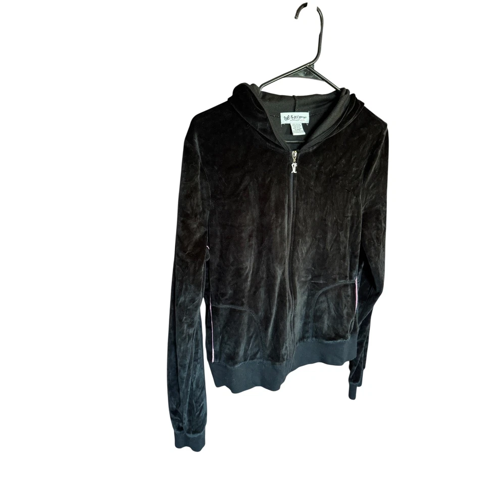 Jaqueta com capuz vintage autoestima veludo com zíper acabamento rosa preto softcore grunge GG - Imagem 1 de 4