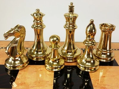 Real Brass Metal Black & Gold Staunton 4" King Exclusive Chess Men Set -NO Board - Image 1 of 4