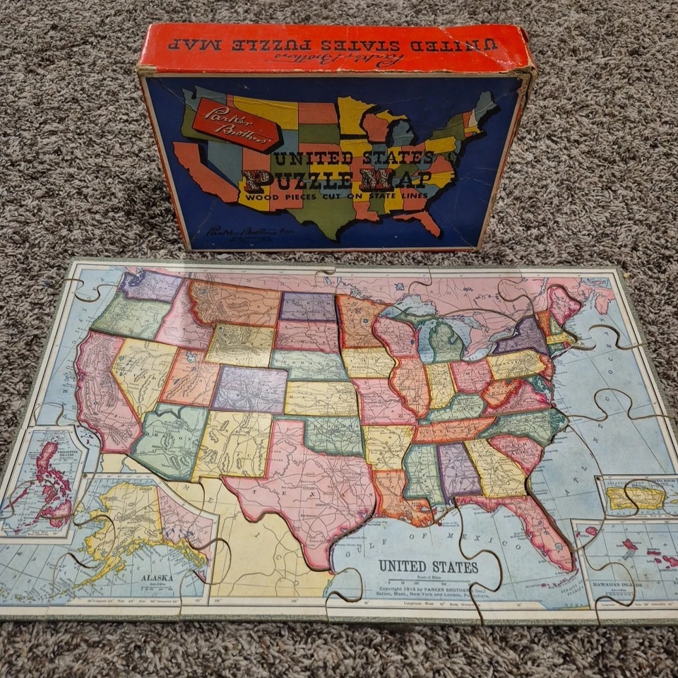 老式 Parker Brothers 木制美国拼图地图 - 完整带盒 — 第 1/4 张图片