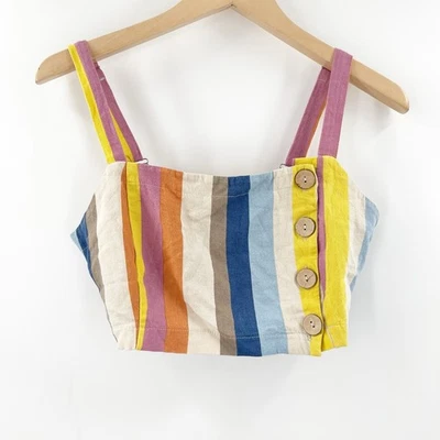 Top FOREVER 21 Talla Mediana Recortado Mezcla de Lino Detalle de Botones Rayas Retro Boho  Foto 1 de 4