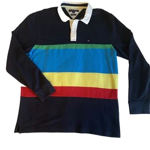 Herren Rugby Poloshirt XL blau gelb rot gestreift langarm Tommy Hilfiger - Bild 1 von 9