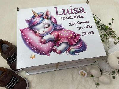 Erinnerungsbox Einhorn Personalisierte Erinnerungskiste Baby Geschenk Taufe Name - Bild 1 von 4