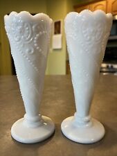Vintage Lot Of 2 LE Smith BEADS STARS SCROLL Milk Glass Bud Vases