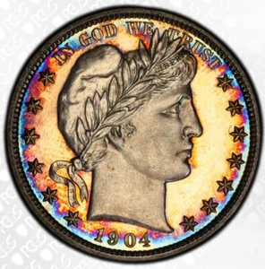 Barber Half Dollar 1904 PCGS Proof-62! Magnificent Rainbow Toning! Nice PQ Item! - Picture 1 of 8