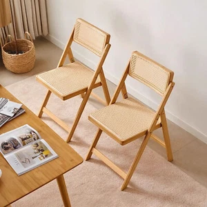 2x Folding Dining Chairs Rattan Wood Lounge Chair Folding Kitchen Seat Stackable - Picture 1 of 24