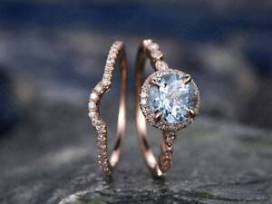 2.10ct Round Cut Lab Created Aquamarine Bridal Set Ring 14k Rose Gold Plated