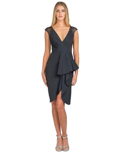 $495 NWT Badgley Mischka SC1678 Navy Black V-Neck Side-Ruffle Cocktail Dress 6 - Picture 1 of 5