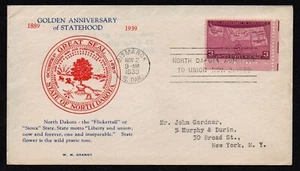 USA, SCOTT # 858, W.M. GRANDY FDC COVER - GOLDEN ANNIVERSARY NORTH DAKOTA 1939 - Picture 1 of 1