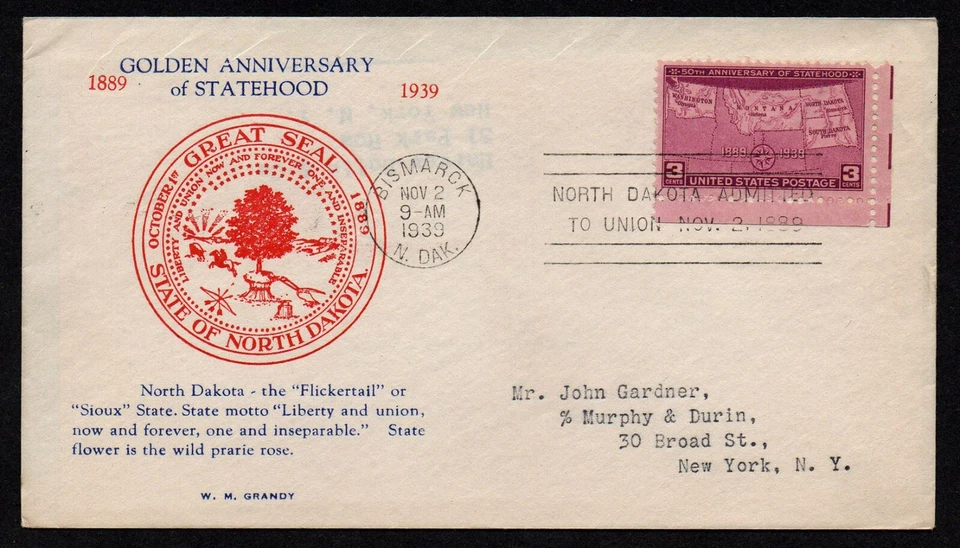 USA, SCOTT # 858, W.M. GRANDY FDC COVER - GOLDEN ANNIVERSARY NORTH DAKOTA 1939 - Image 1 of 1
