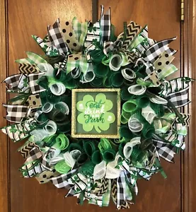 ☘️ST PATRICK DAY☘️ HANDMADE CURLY DECO MESH WREATH! ☘️ EAT DRINK & Be IRISH ☘️ - Picture 1 of 10