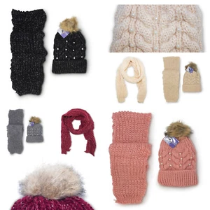 Ladies Warm Hat & Scarf Set Girls Winter Pom Pom Cap Neck Scarves 390687 - Picture 1 of 9