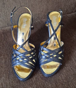 Charles David Black Leather Plaza Women's Wedge Dress Sandals Shoes Size 9M - Picture 1 of 3