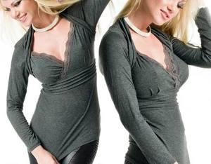 Sexy Miss Women's Long Sleeve Bolero Look Top V Neck Lace 34/36/38 Gray - Picture 1 of 2