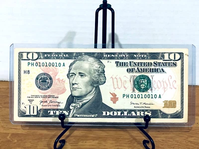 2017-A $10 FRN Very Fine NET Fancy TRUE 0/1 BINARY Serial #PH01010010A - Image 1 of 2