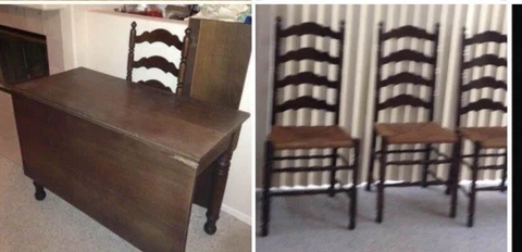 ANTIQUE 100 YRS+, DROP LEAF TABLE/LADDERBACK RATTAN CHAIRS. 1 LEAF NEEDS REPAIR Cover
