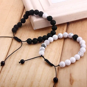Distance Braided Bracelet Relationship Jewelry Natural Black/White Stone 2PCS - Picture 1 of 7