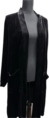 Cárdigan Eileen Fisher Negro Terciopelo Mezcla Seda Largo Abierto Bolsillos Plumero M NUEVO Foto 1 de 4