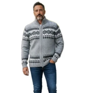 Dimension by Milford nordischer Strickpullover mit durchgehendem Reißverschluss grau schwarz Acryl hergestellt in den USA L - Bild 1 von 9