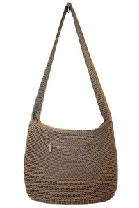THE SAK Brown Knit Crochet Zippered Hobo Shoulder Bag with Pockets - Picture 1 of 10