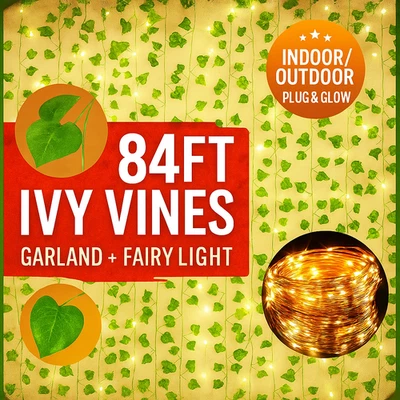12件装84英尺LED人造常春藤花环-悬挂假藤房和婚礼装饰 — 第 1/4 张图片